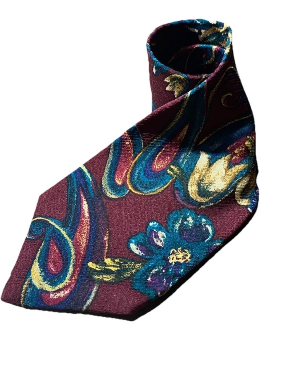 Men's Burgundy Paisley Floral Tie with Teal and Gold Accents